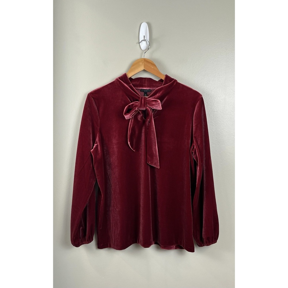 Talbots Women's Sz 1XP Blouse Top Burgundy Velour Split Neck With Tie Valentines